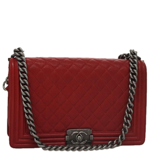 CHANEL Matelasse Chain Shoulder Bag Caviar Skin Red Gold CC PP074