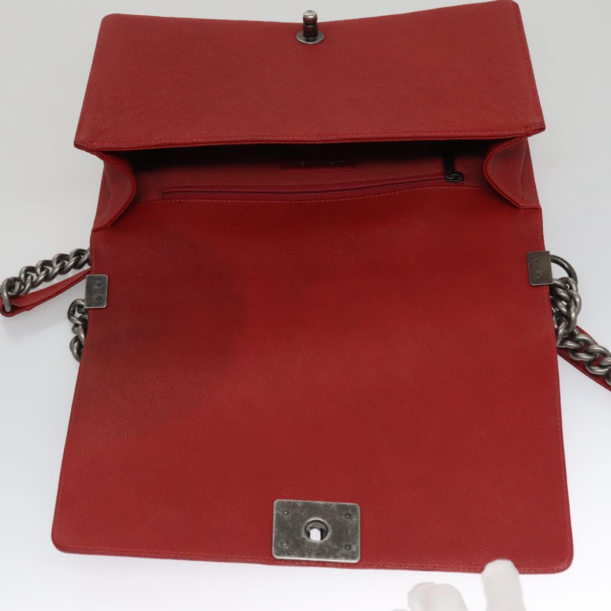 CHANEL Matelasse Chain Shoulder Bag Caviar Skin Red Gold CC PP074