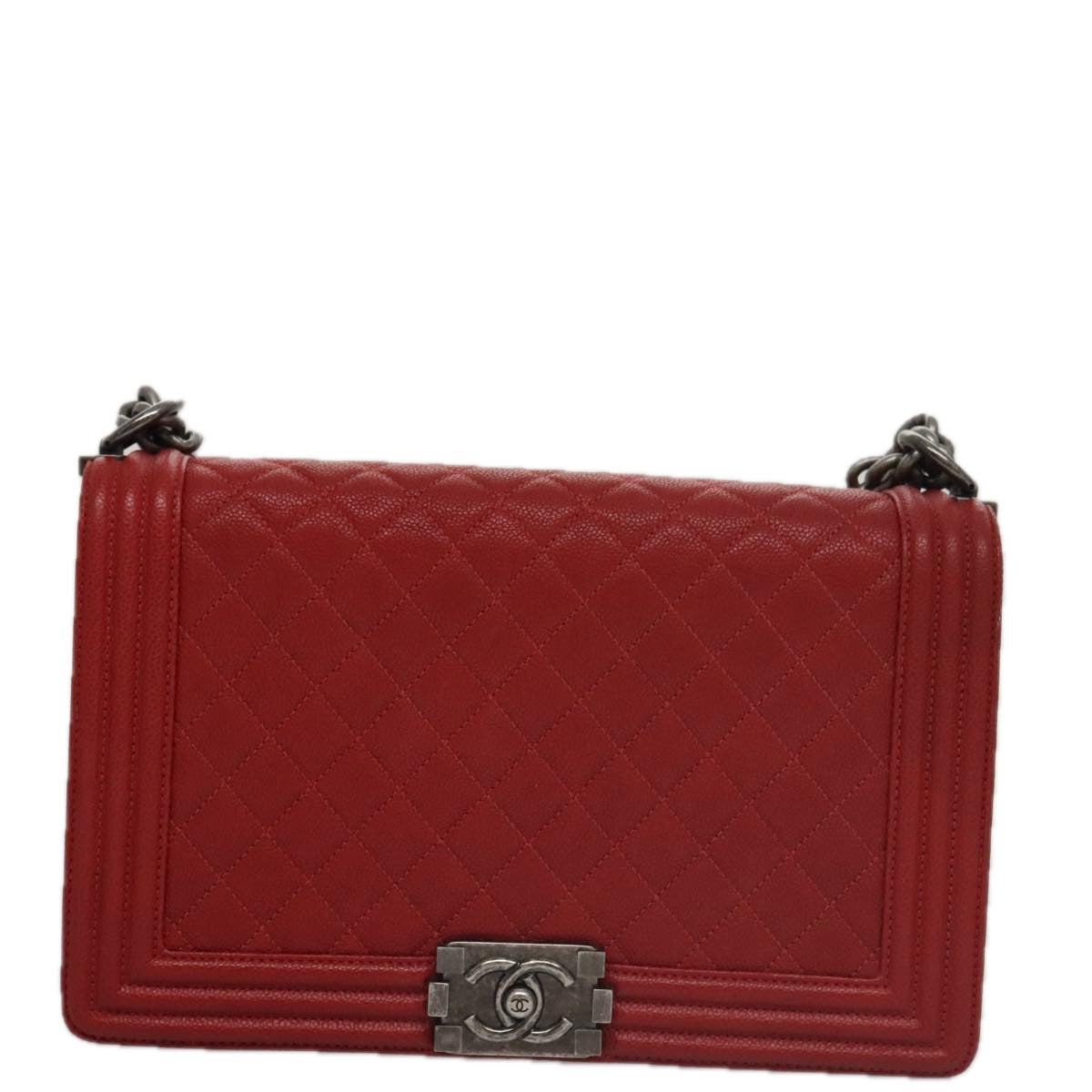 CHANEL Matelasse Chain Shoulder Bag Caviar Skin Red Gold CC PP074