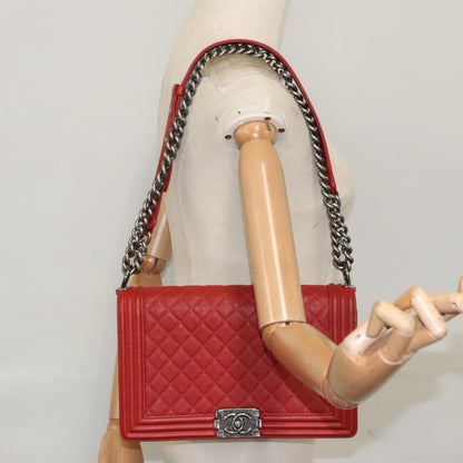 CHANEL Matelasse Chain Shoulder Bag Caviar Skin Red Gold CC PP074