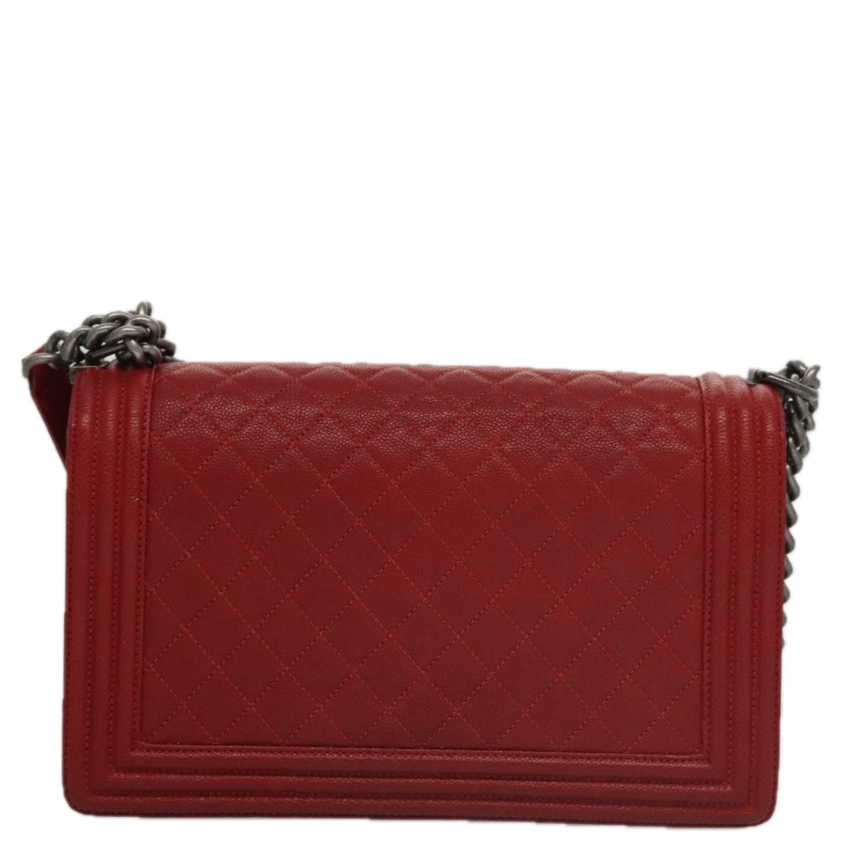 CHANEL Matelasse Chain Shoulder Bag Caviar Skin Red Gold CC PP074