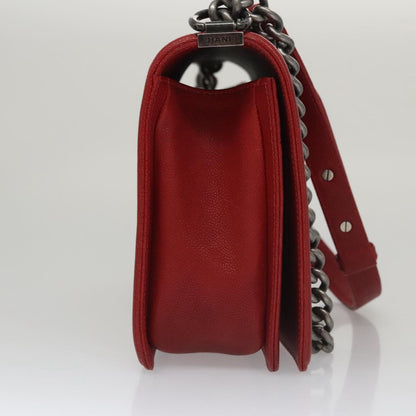 CHANEL Matelasse Chain Shoulder Bag Caviar Skin Red Gold CC PP074