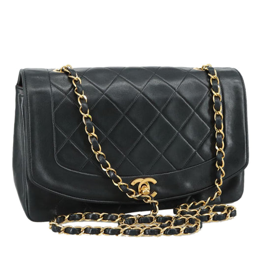CHANEL Matelasse Chain Shoulder Bag Lamb Skin Black Gold CC PP075