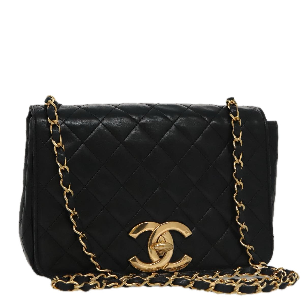 CHANEL Matelasse Chain Shoulder Bag Lamb Skin Black Gold CC PP076