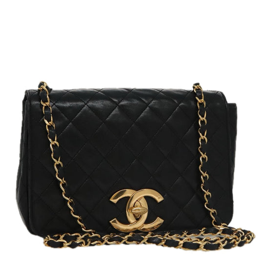 CHANEL Matelasse Chain Shoulder Bag Lamb Skin Black Gold CC PP076