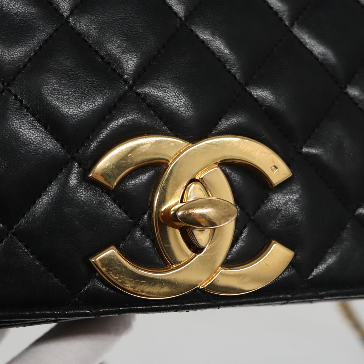 CHANEL Matelasse Chain Shoulder Bag Lamb Skin Black Gold CC PP076