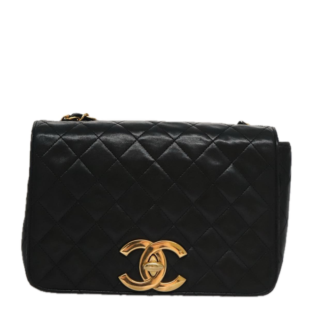 CHANEL Matelasse Chain Shoulder Bag Lamb Skin Black Gold CC PP076