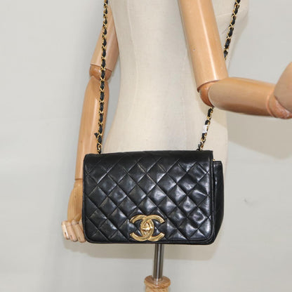 CHANEL Matelasse Chain Shoulder Bag Lamb Skin Black Gold CC PP076