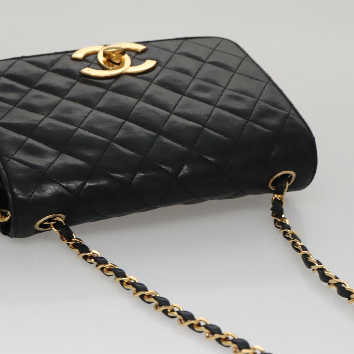 CHANEL Matelasse Chain Shoulder Bag Lamb Skin Black Gold CC PP076