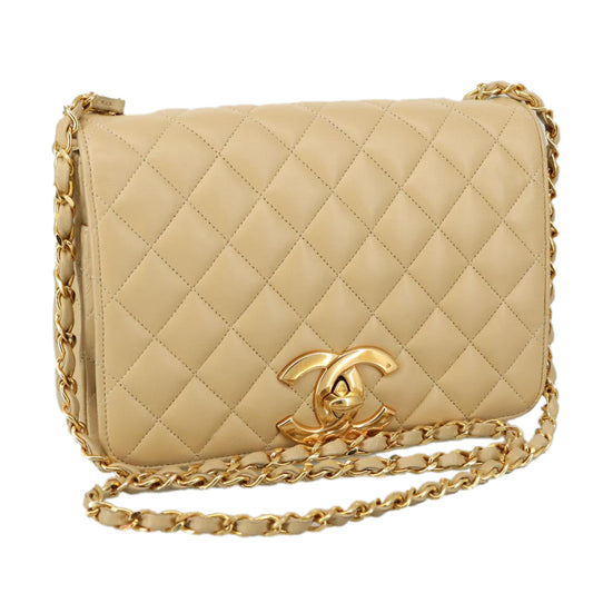 CHANEL Matelasse Chain Shoulder Bag Lamb Skin Beige Gold CC PP077