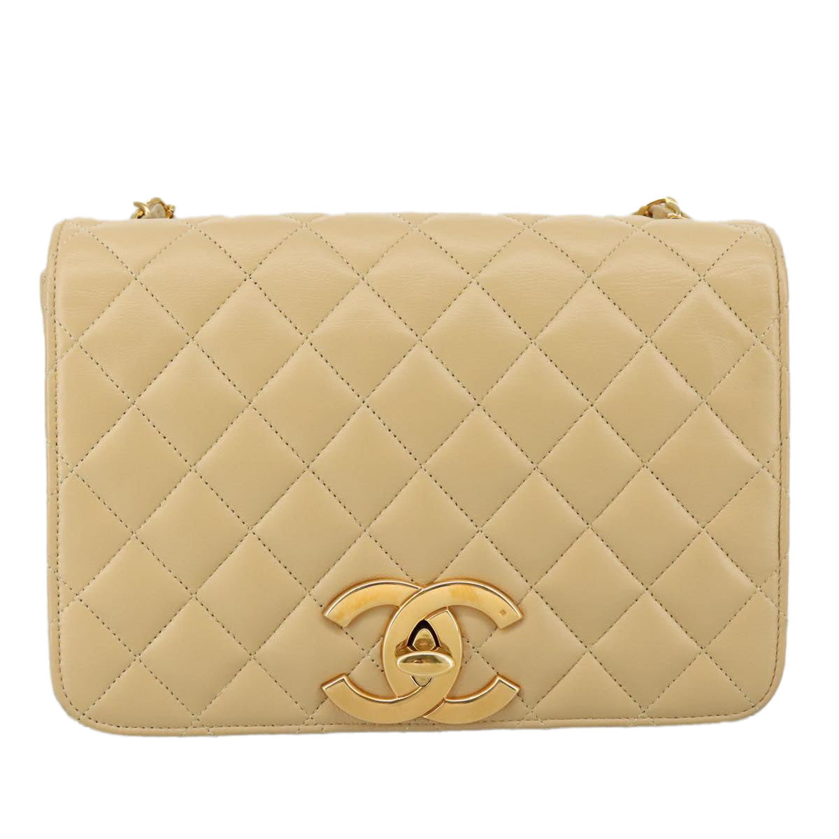 CHANEL Matelasse Chain Shoulder Bag Lamb Skin Beige Gold CC PP077
