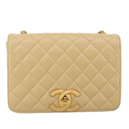 CHANEL Matelasse Chain Shoulder Bag Lamb Skin Beige Gold CC PP077