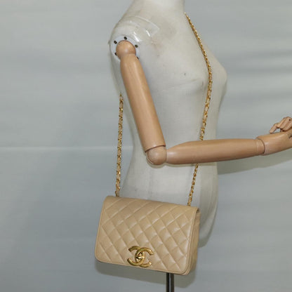 CHANEL Matelasse Chain Shoulder Bag Lamb Skin Beige Gold CC PP077