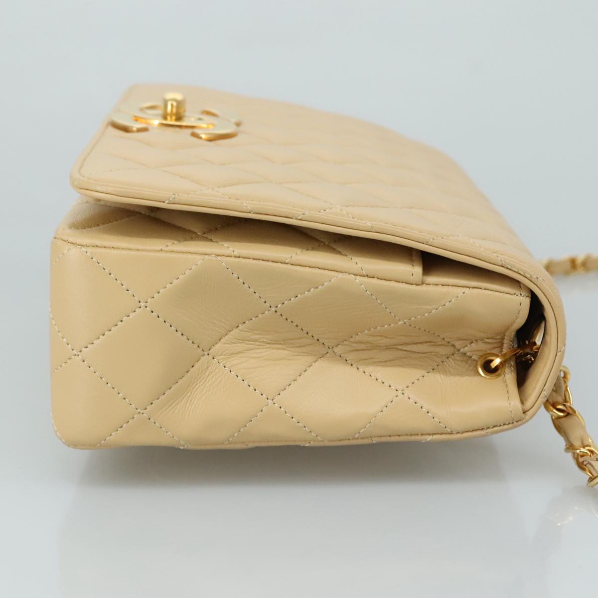 CHANEL Matelasse Chain Shoulder Bag Lamb Skin Beige Gold CC PP077
