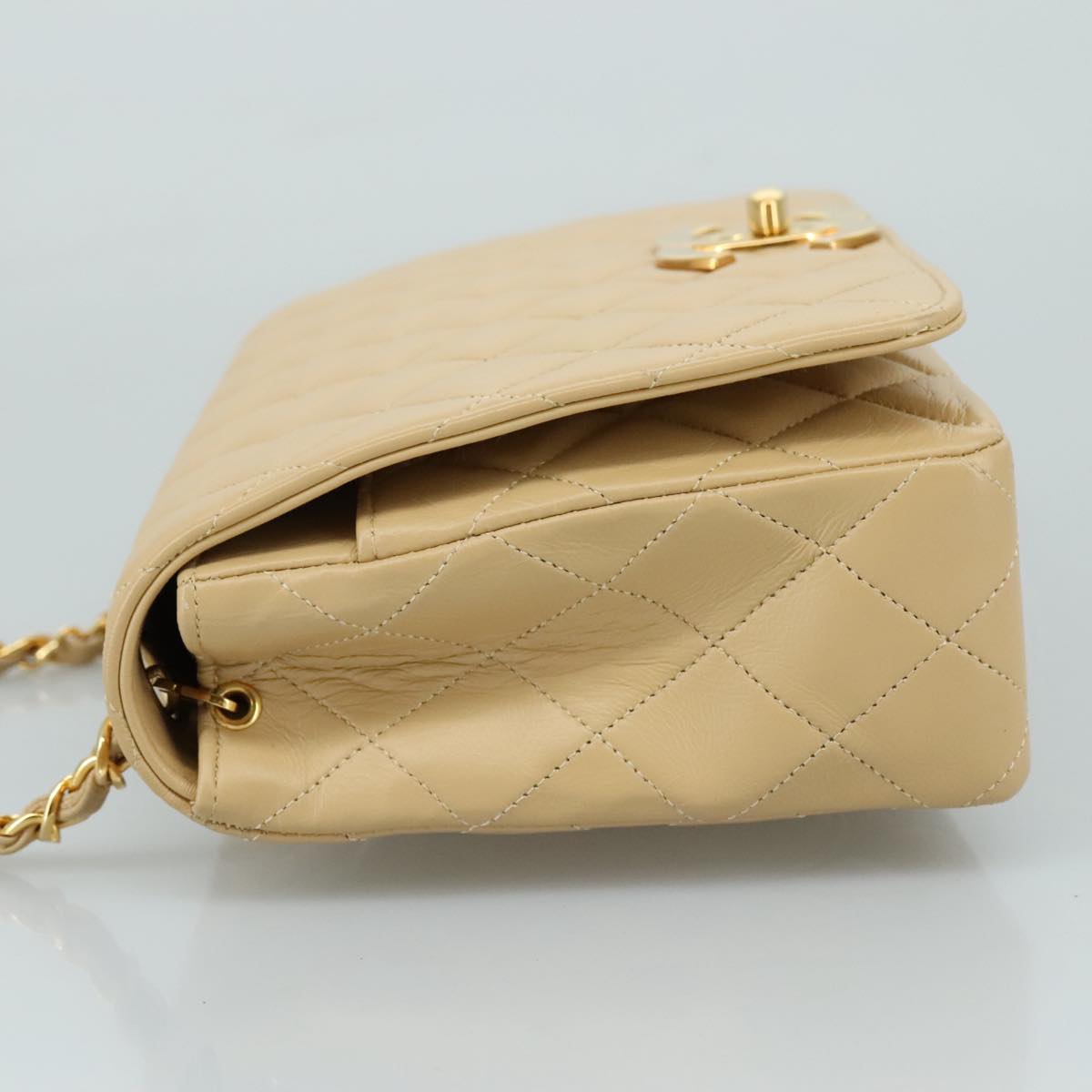 CHANEL Matelasse Chain Shoulder Bag Lamb Skin Beige Gold CC PP077