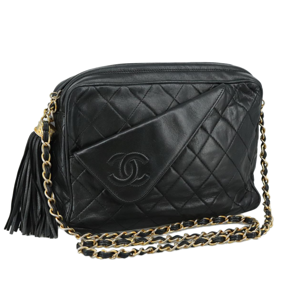 CHANEL Matelasse Chain Shoulder Bag Lamb Skin Black Gold CC PP082
