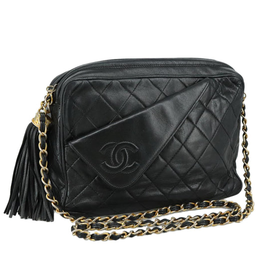 CHANEL Matelasse Chain Shoulder Bag Lamb Skin Black Gold CC PP082