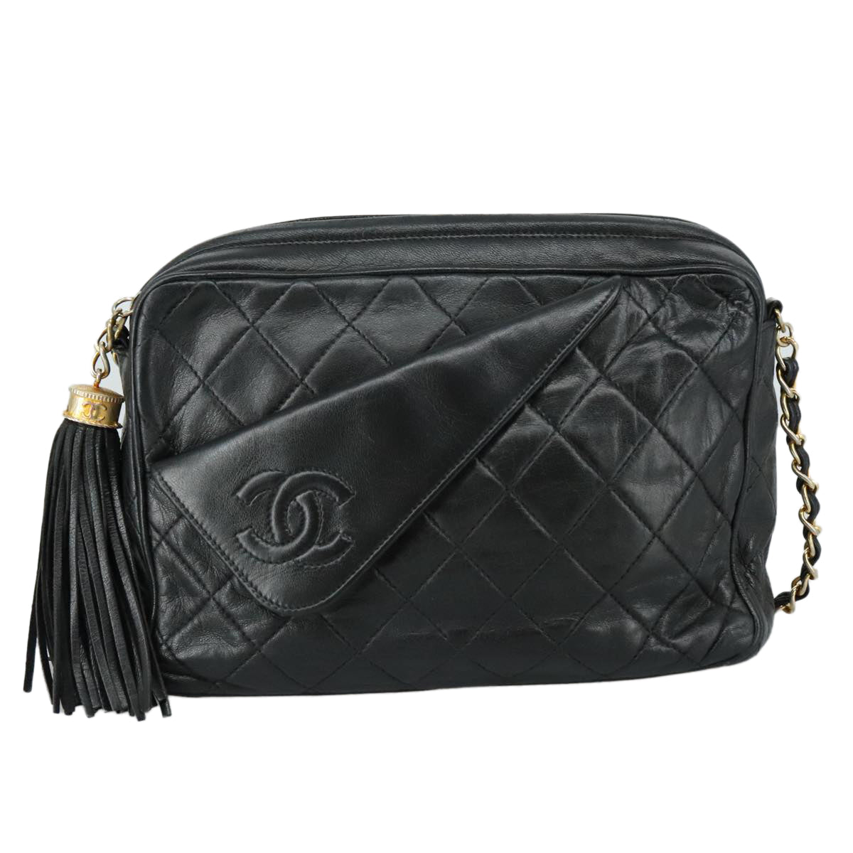 CHANEL Matelasse Chain Shoulder Bag Lamb Skin Black Gold CC PP082