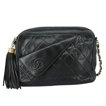 CHANEL Matelasse Chain Shoulder Bag Lamb Skin Black Gold CC PP082