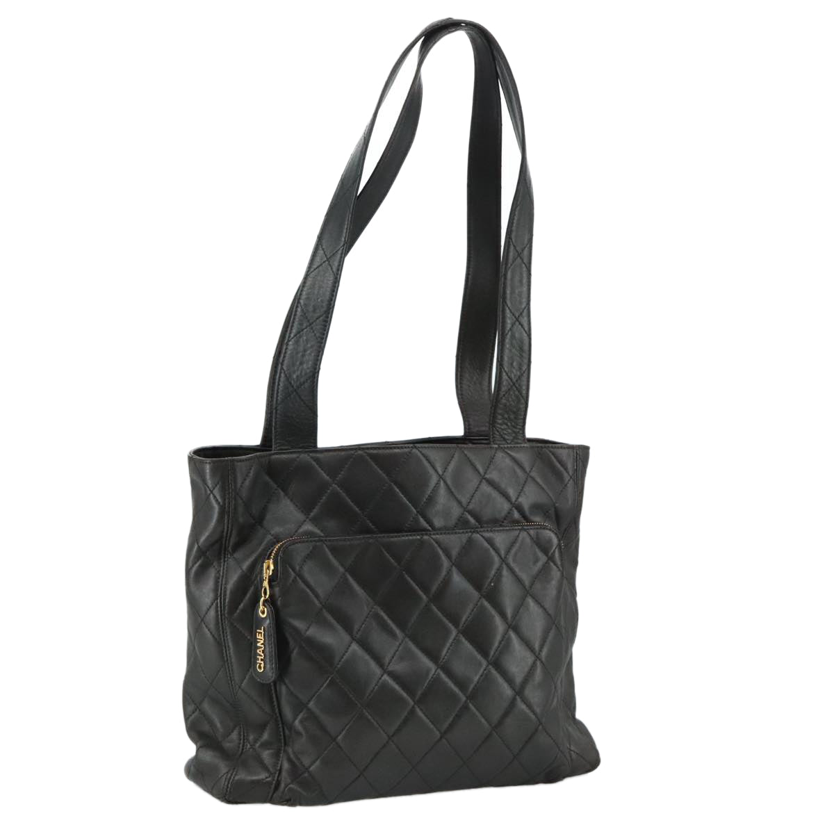 CHANEL Matelasse Tote Bag Lamb Skin Black Gold CC PP098