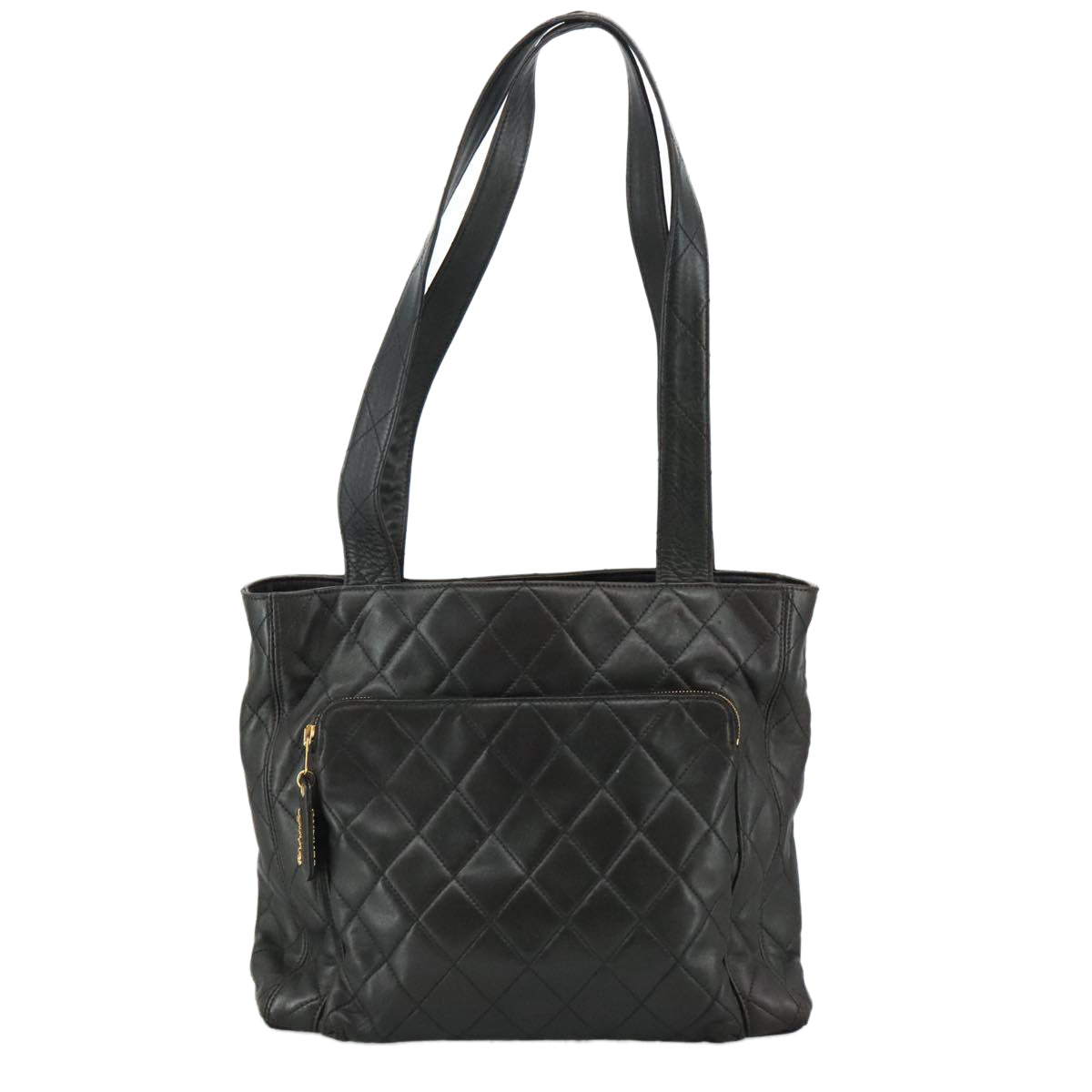 CHANEL Matelasse Tote Bag Lamb Skin Black Gold CC PP098
