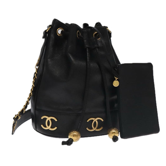 CHANEL Chain Shoulder Bag Caviar Skin Black Gold CC PP101
