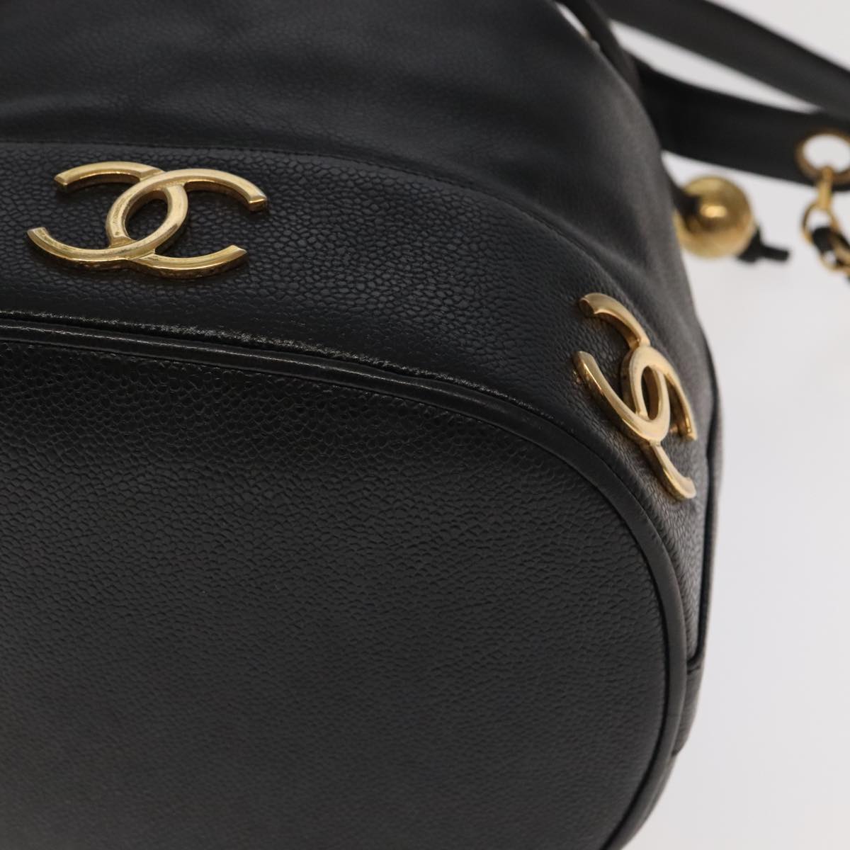 CHANEL Chain Shoulder Bag Caviar Skin Black Gold CC PP101