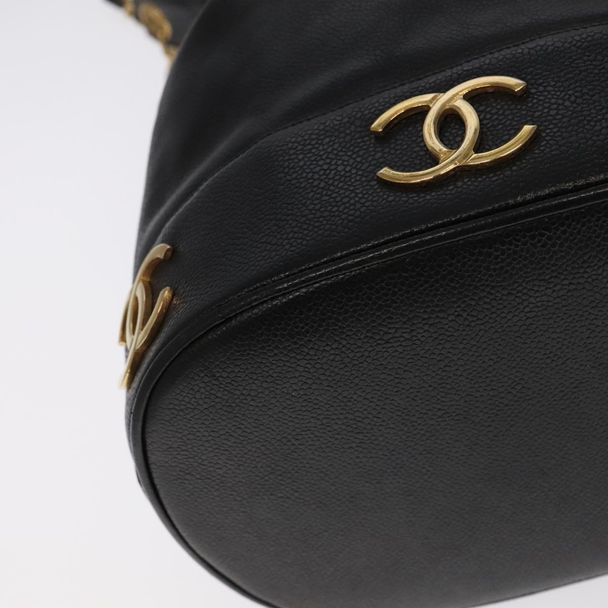 CHANEL Chain Shoulder Bag Caviar Skin Black Gold CC PP101