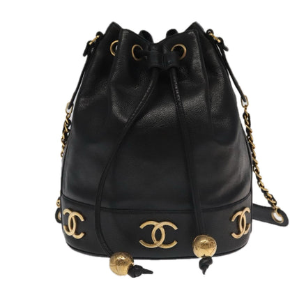 CHANEL Chain Shoulder Bag Caviar Skin Black Gold CC PP101