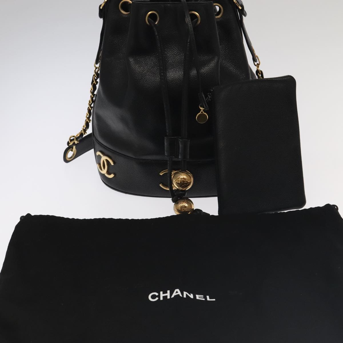CHANEL Chain Shoulder Bag Caviar Skin Black Gold CC PP101
