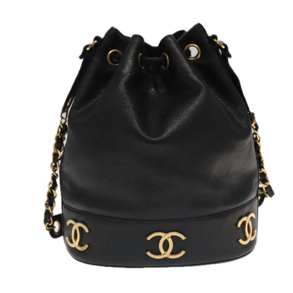 CHANEL Chain Shoulder Bag Caviar Skin Black Gold CC PP101