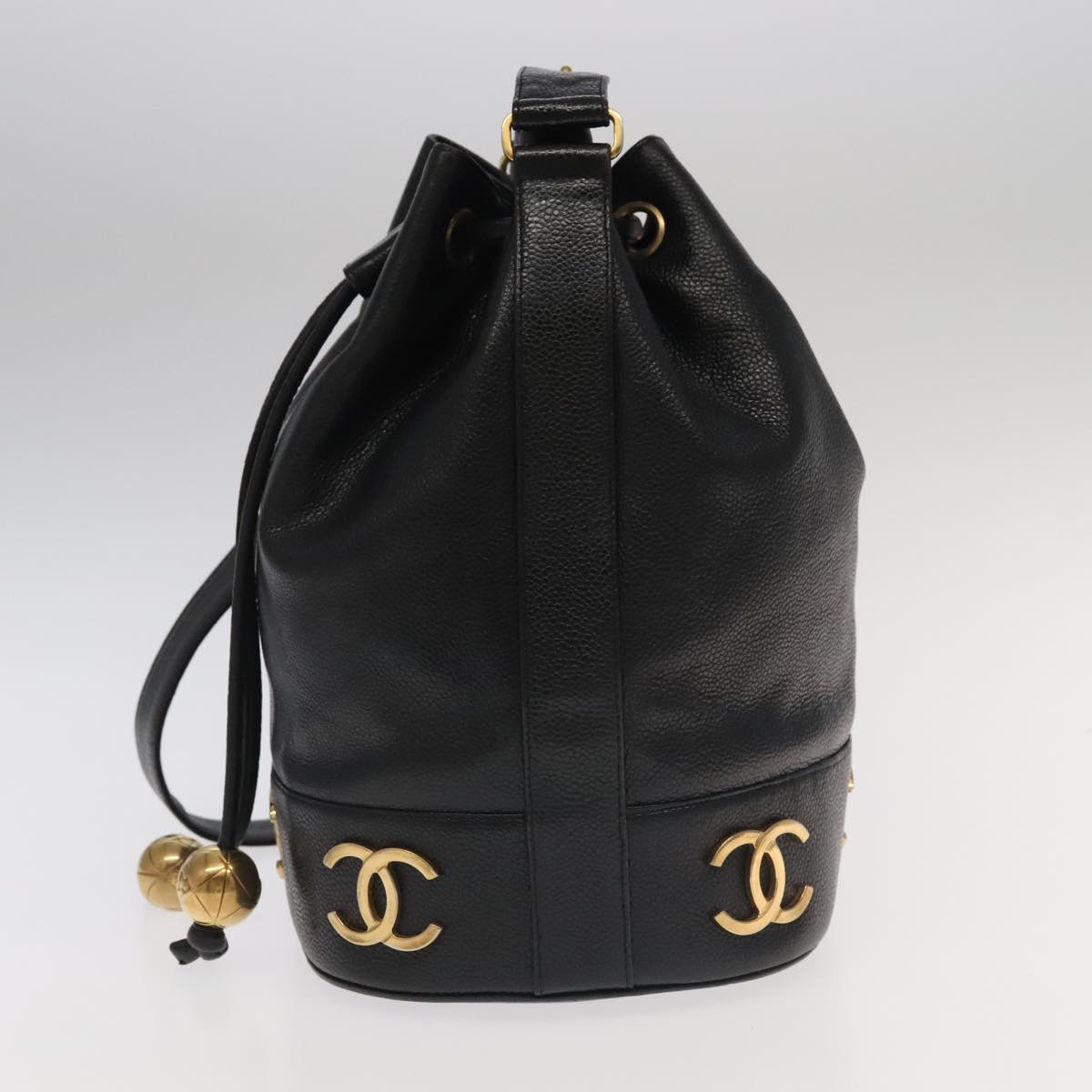 CHANEL Chain Shoulder Bag Caviar Skin Black Gold CC PP101