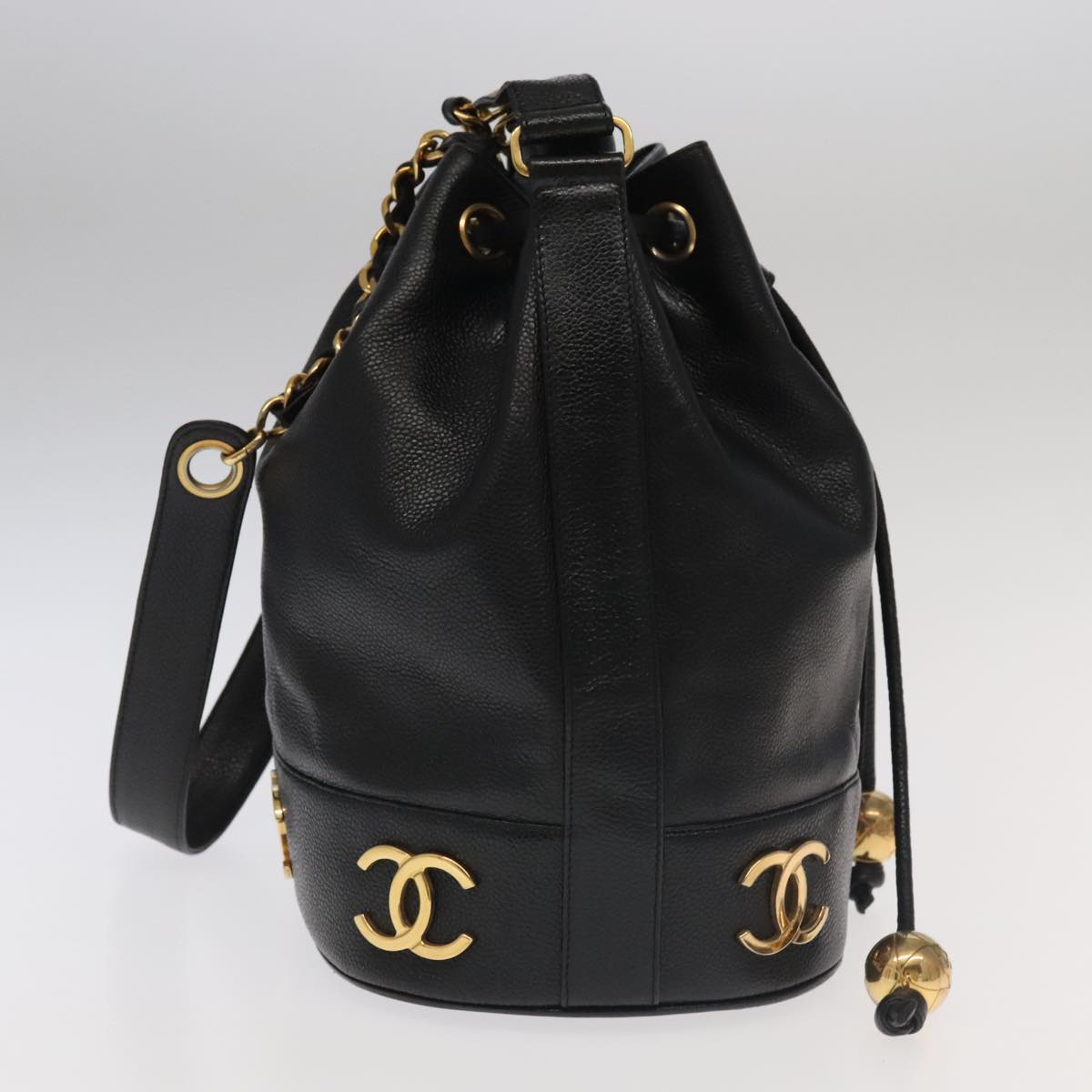 CHANEL Chain Shoulder Bag Caviar Skin Black Gold CC PP101
