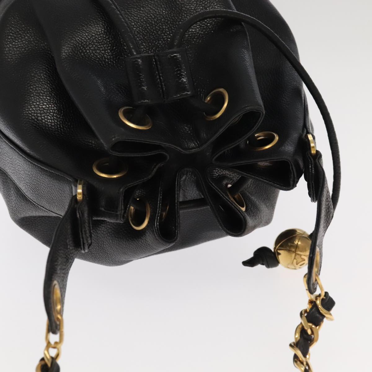 CHANEL Chain Shoulder Bag Caviar Skin Black Gold CC PP101
