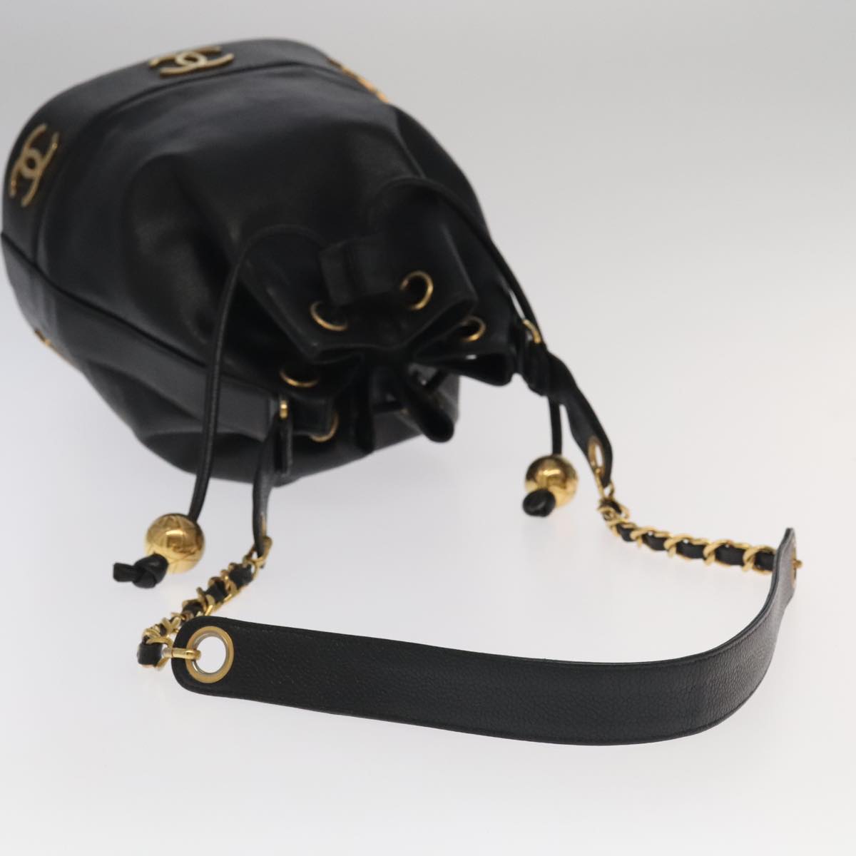 CHANEL Chain Shoulder Bag Caviar Skin Black Gold CC PP101