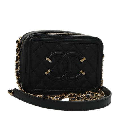 CHANEL Matelasse Chain Shoulder Bag Caviar Skin Black Gold CC PP102