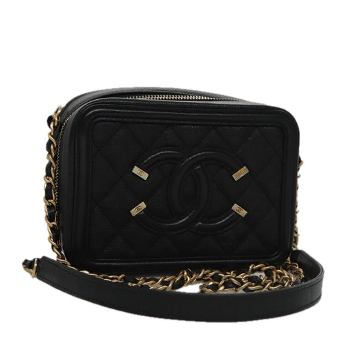 CHANEL Matelasse Chain Shoulder Bag Caviar Skin Black Gold CC PP102