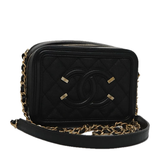 CHANEL Matelasse Chain Shoulder Bag Caviar Skin Black Gold CC PP102