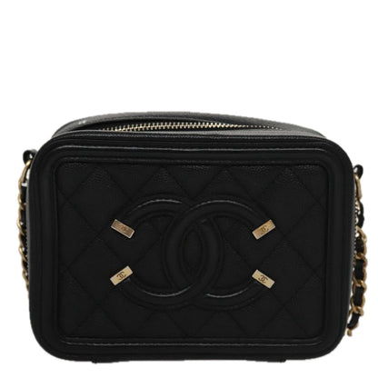 CHANEL Matelasse Chain Shoulder Bag Caviar Skin Black Gold CC PP102