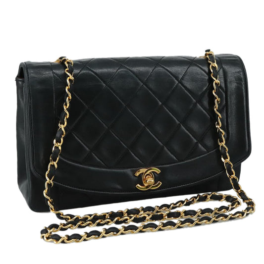 CHANEL Matelasse Chain Shoulder Bag Lamb Skin Black Gold CC PP104A