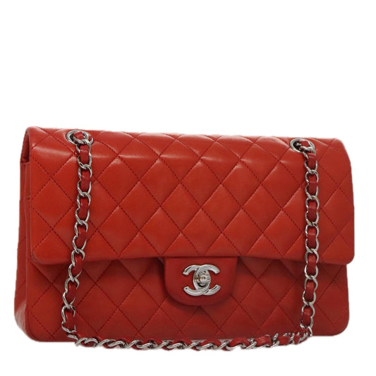 CHANEL Matelasse Chain Shoulder Bag Lamb Skin Orange Silver CC PP105A