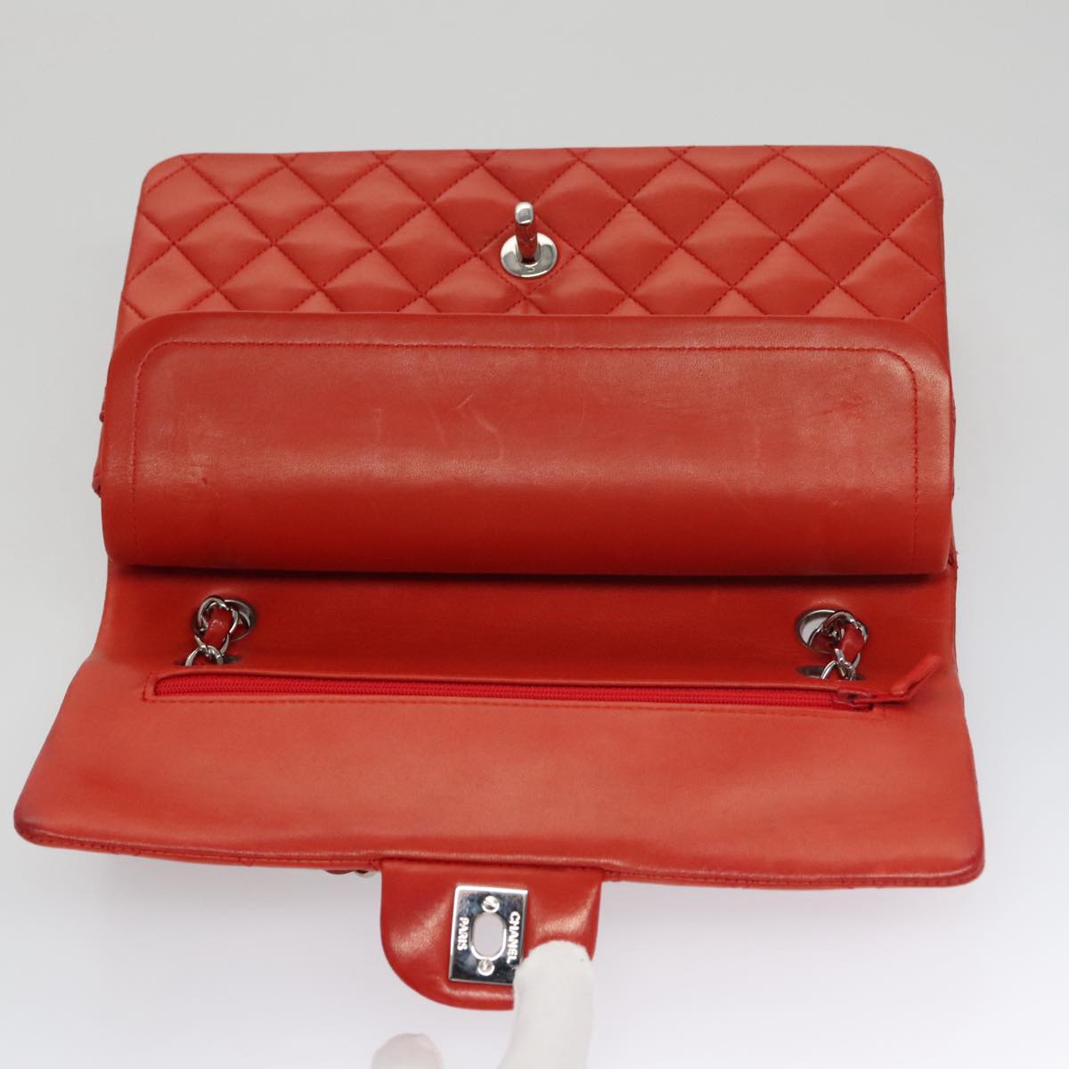 CHANEL Matelasse Chain Shoulder Bag Lamb Skin Orange Silver CC PP105A