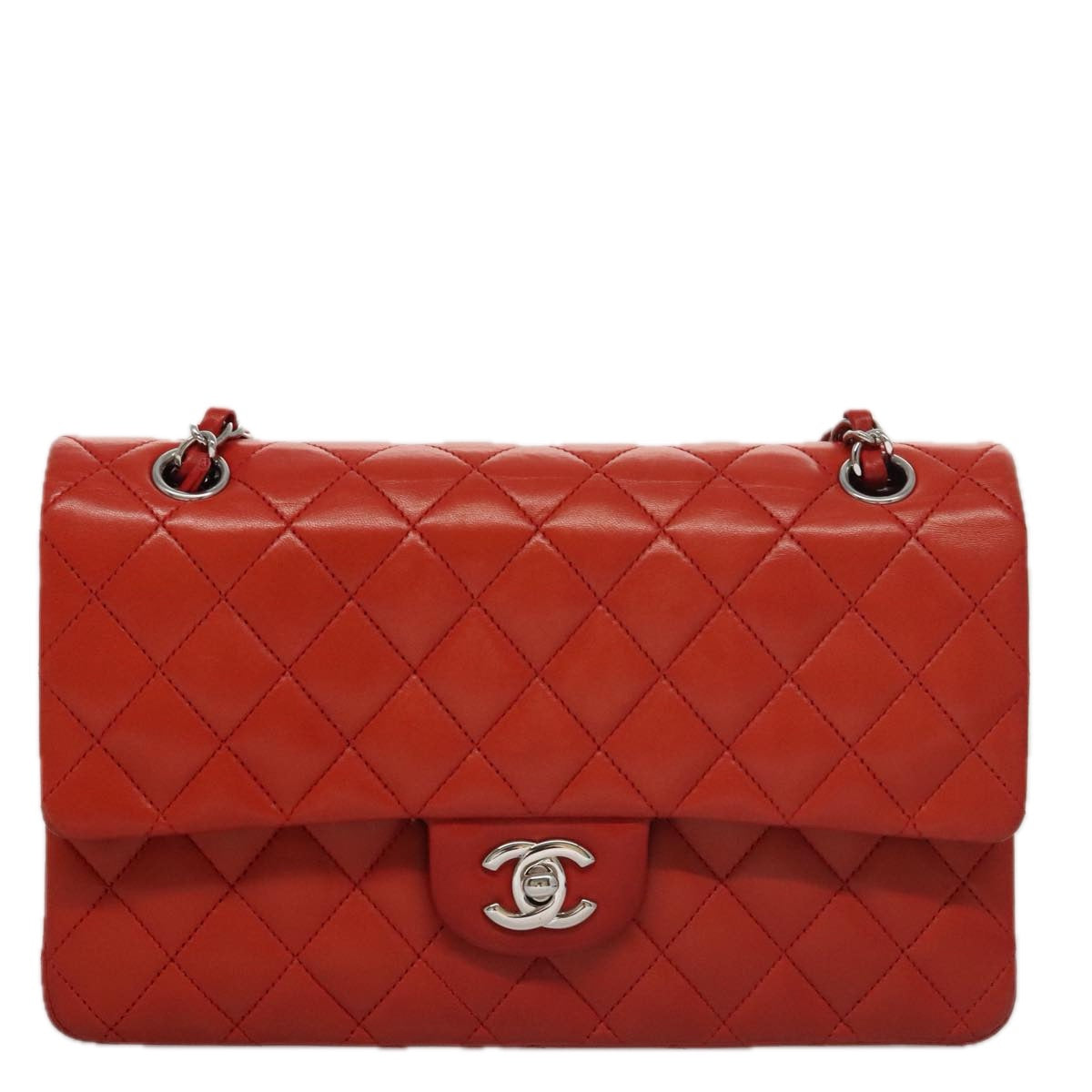 CHANEL Matelasse Chain Shoulder Bag Lamb Skin Orange Silver CC PP105A