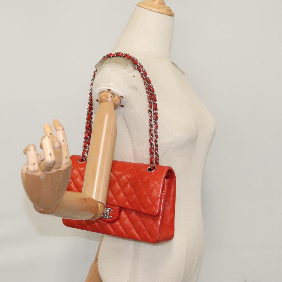 CHANEL Matelasse Chain Shoulder Bag Lamb Skin Orange Silver CC PP105A