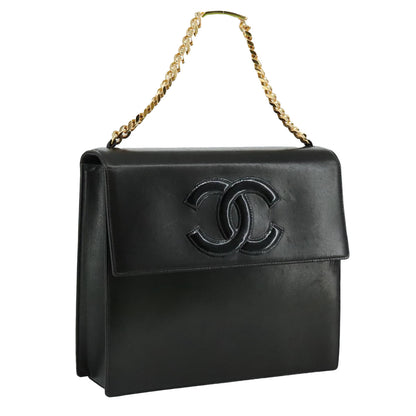 CHANEL Chain Hand Bag Leather Black Gold CC PP125