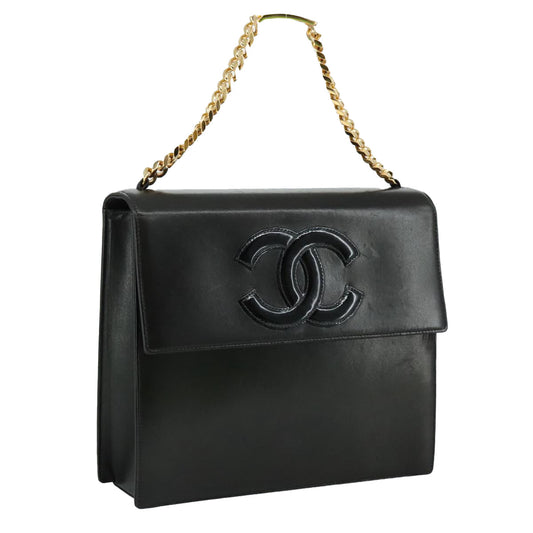 CHANEL Chain Hand Bag Leather Black Gold CC PP125