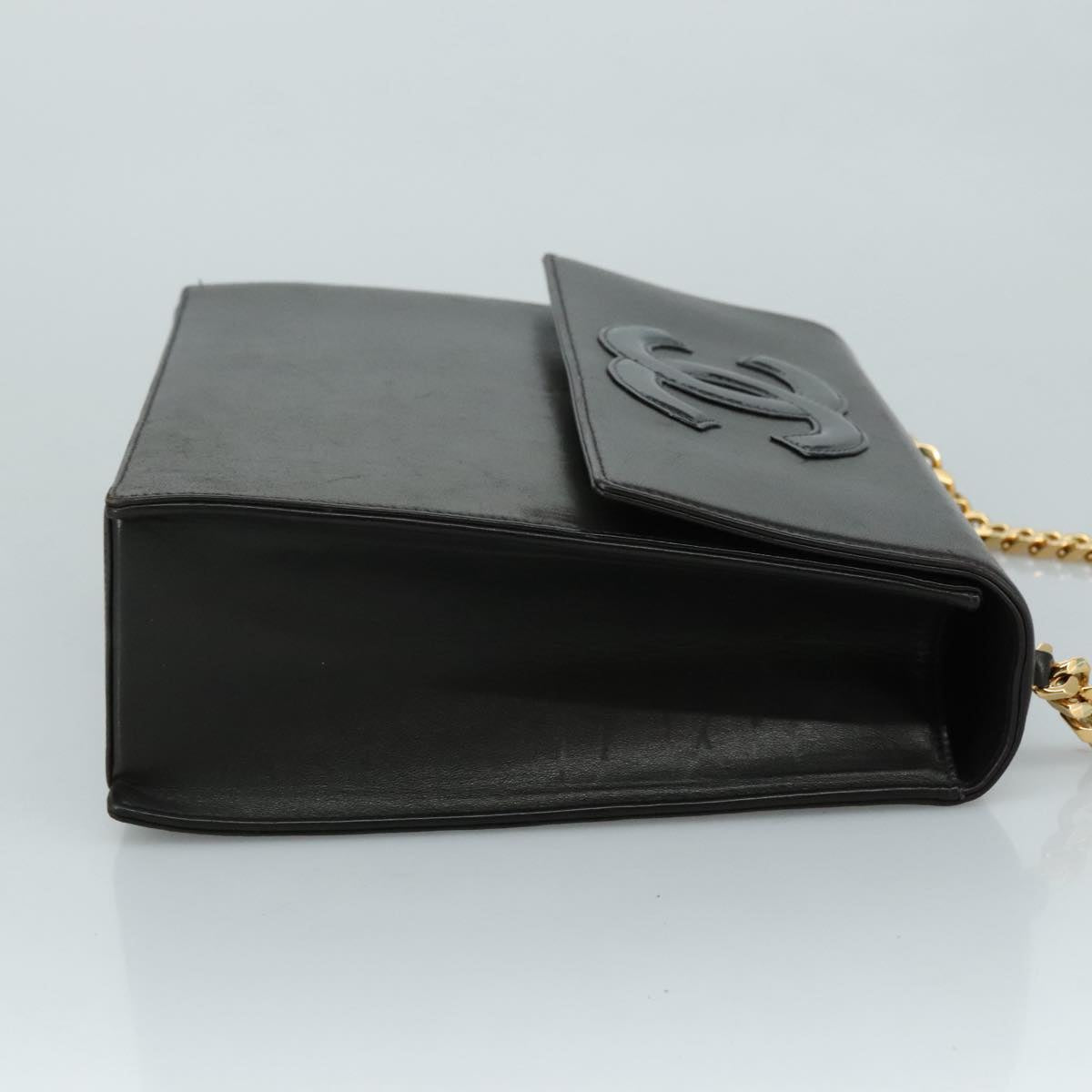 CHANEL Chain Hand Bag Leather Black Gold CC PP125