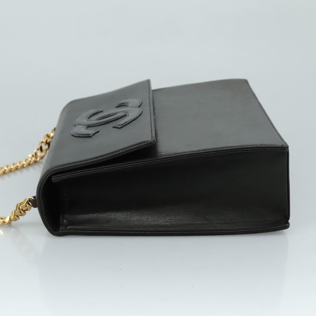 CHANEL Chain Hand Bag Leather Black Gold CC PP125