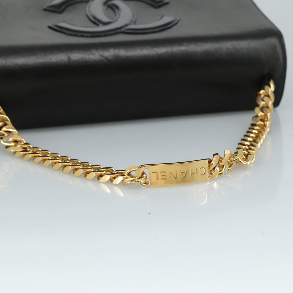 CHANEL Chain Hand Bag Leather Black Gold CC PP125
