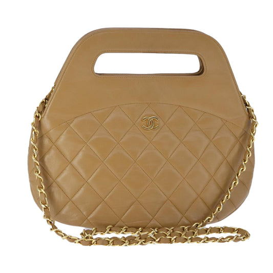 CHANEL Matelasse Chain Hand Bag Lamb Skin 2way Brown Gold CC PP128